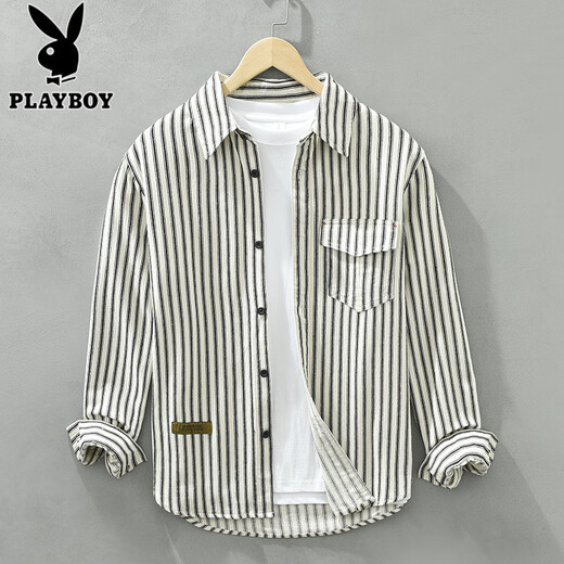 花花公子（PLAYBOY）长袖条纹衬衫男生休闲纯棉衬衣春秋季新款潮流时尚青少年牛仔外套 6628白色 M