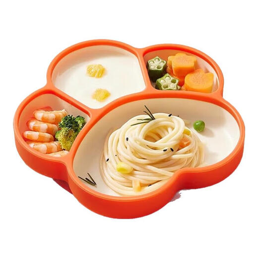 
Xin'an Time Baby's Dinner Plate Suction Cup Integrated Plate Baby Silicone Bowl Supplementary Spoon Children's Tableware Special for Dining Double Color Dinner Plate Orange Set [Dust Cover + Straw]