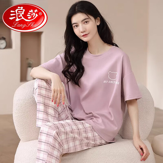 浪莎（LangSha）2025年睡衣女夏款纯棉短袖长裤卡通夏季可外穿全棉舒适家居服套装 YSH-679 M 【建议80-100斤穿】