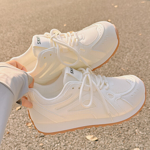 Gu Fansha zapatos blancos de suela gruesa para mujeres en verano zapatos de malla transpirables e inestables de malla con zapatos de entrenamiento deportivo versátiles 9905-3 beige 39
