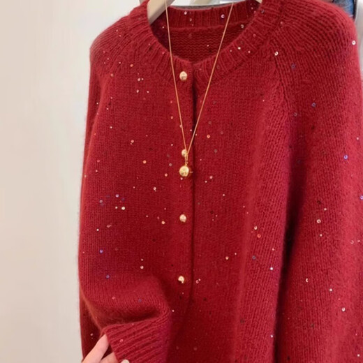 Gentle atmosphere sequin round neck sweater cardigan for women spring and autumn zodiac new year retro red soft waxy knitted jacket 1581 red