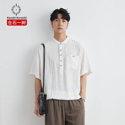 Kuraishi Kazuki old money style Henry collar short-sleeved shirt men's summer 2025 new Japanese light luxury loose casual shirt trendy brand blue gray XL 140-160Jin Jin equals 0.5 kg