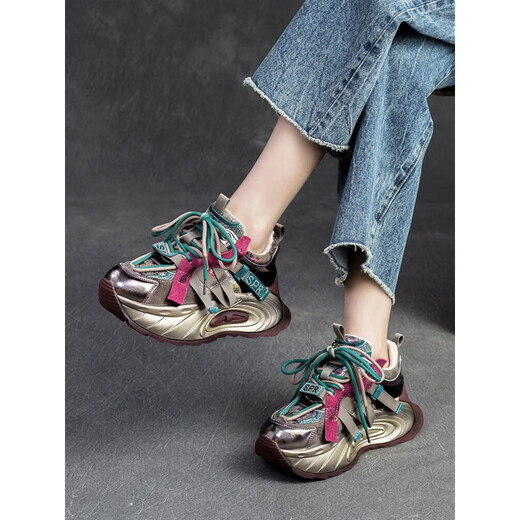 EHANGY2025 Herbst Neue High-End European Color Dad Schuhe für Frauen trendy coole echte Leder Retro Dicke alleinige Sportarten und Freizeit-Frauenschuhe Burgund 37