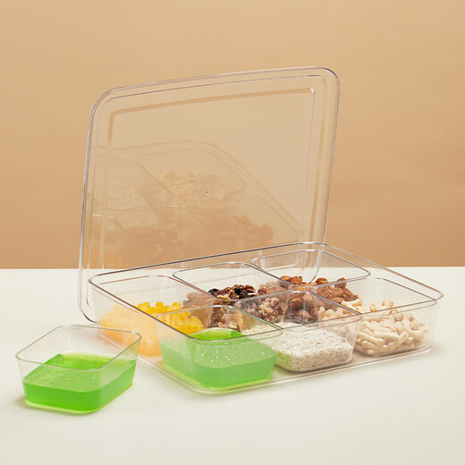 Haofanjie ice powder ingredient box, special milk tea ingredient box for stall, commercial seasoning box, sub-package box, storage box, ingredient box 6 compartments + transparent lid (6 seasoning spoons)