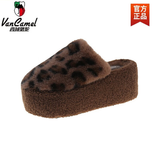 Western Camel Super High Heel Thick Soled Fur Slippers Women's Outerwear 2025 Autumn and Winter Platform Wedge Heel Plus Velvet Baotou Cotton Slippers Dark Brown One Size Small 34
