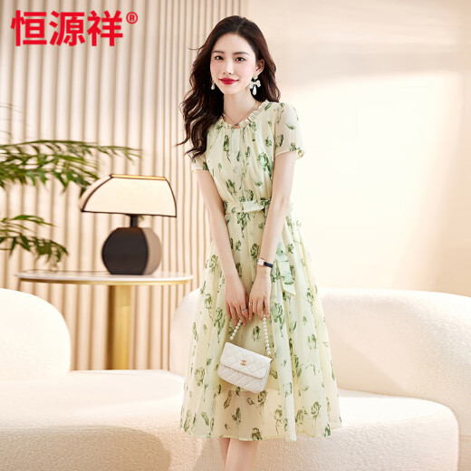 恒源祥感碎花连衣裙女夏2025新款夏装法式气质显瘦别致绝美雪纺裙子 黑花【高品质】 2XL