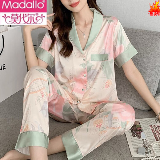 Modal Internet Celebrity Sommerpyjama für Frauen Eis Seide Pfingstrose Blume kurzärmelige Hose Sommerdünn zu Hause Kleidung für Outdoor-Verschleiß Set 694 Tintenmalerei Kurzärärmelhosen m