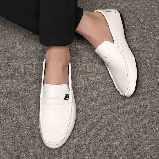 Xiaohuilijia Doudou shoes men's summer and autumn new men's shoes Korean versatile men's casual leather shoes one-legged driving lazy shoes 825 white latex insole model 43 (wide feet, fat feet, one size larger)