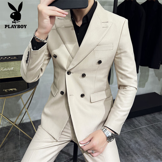 Playboy (PLAYBOY) Men's Double-breasted Suit Suit 2025 Autumn New Fashion Slim High-Grade Slim Suit Business Casual Black Two-piece Suit XL (125-140Jin Jin equals 0.5kg)