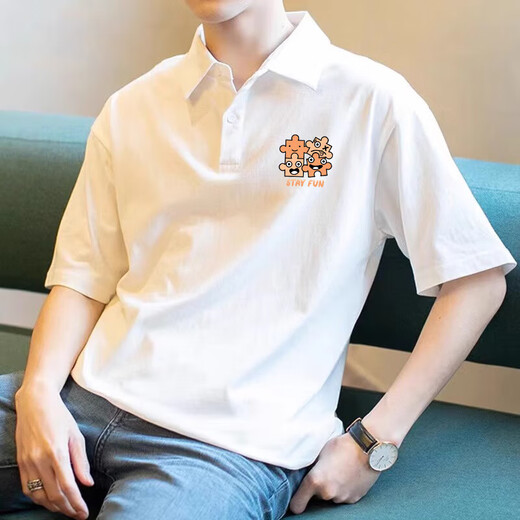 Japanische trendige kurzärmelige Herren-Polo-Hemd 2025 Sommer Pure Cotton Lose Pear Top White halbärmelig T-Shirt 3895-Wasp White M 85-110jin [Jin ist 0,5 kg]