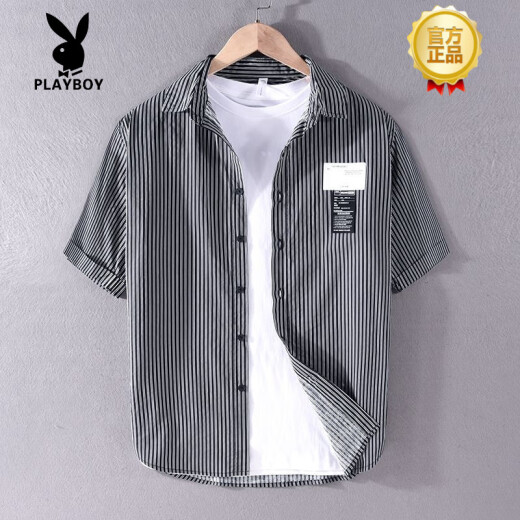 花花公子（PLAYBOY）条纹衬衫男士短袖夏季薄款日系复古纯棉免烫韩版休闲半袖贴标衬衣 9740黑色 L 【适合体重125-140斤】