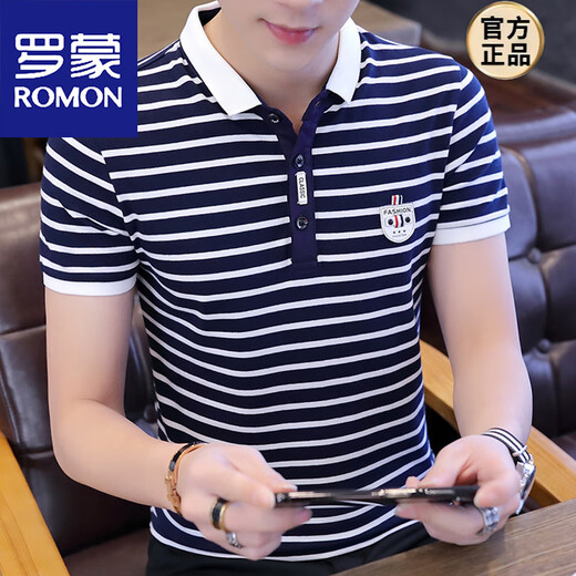 Camiseta de manga corta para hombres Romon Camiseta pura algodón delgada Camiseta de moda pura algodón puro de verano Polo de polo rayado nuevo W7029 Burgundy M 90-105Jin [Jin equivale a 0.5 kg]