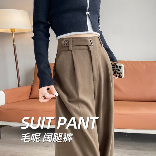 FHHUABD加厚毛加绒呢阔腿西装裤女宽松休闲保暖直筒小个子女装裤新款 奶茶色常规 6636 XS