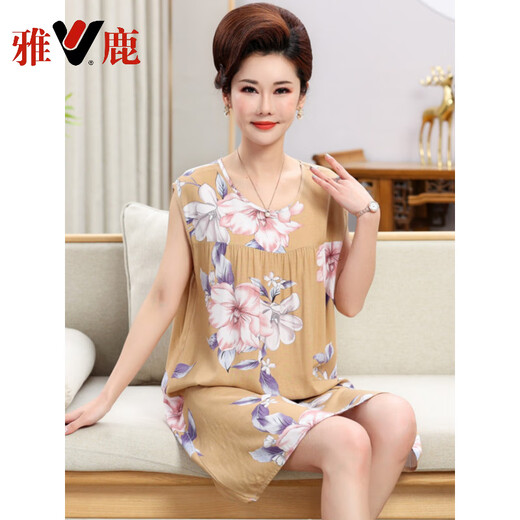 雅鹿中老年睡裙女夏季棉绸背心妈妈可外穿无袖家居服夏天薄款加肥加大 1105 XL 建议120-140斤穿