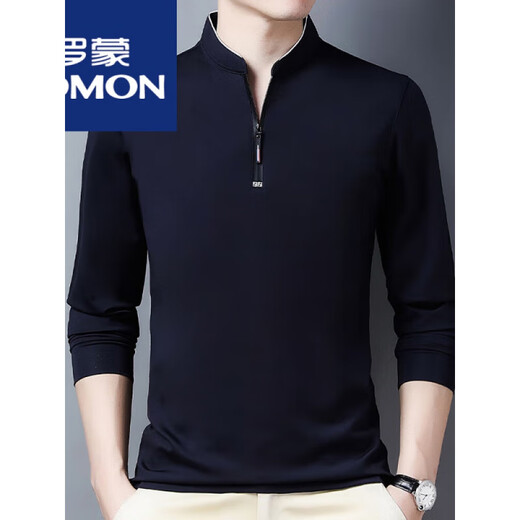 罗蒙（ROMON）棉长袖t恤男休闲薄款体恤上衣春秋季中年男装立领打底衫 长袖6623哈青 薄款 XL 175建议140-160斤