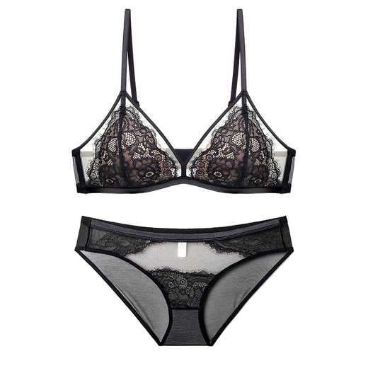 Victoria's Style Sexy Secret French Sexy Lace Underwear Women's Small Breast Push Up No Wire Ring Black Bra Set Black Set M (Applicable to 32/70C 34/75AB)