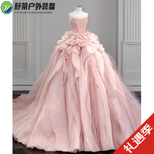 OEMG【轻奢高端】法式粉色抹胸轻婚纱礼服2024新款新娘高级感在逃公主 粉色齐地婚纱 XS