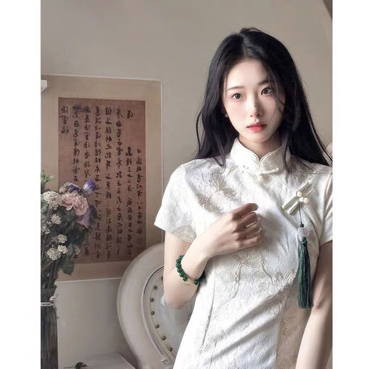 Hualin mode modifié Cheongsam Summer Tempérament fille robe blanche Style chinois Daily 831 Green Mariffon S