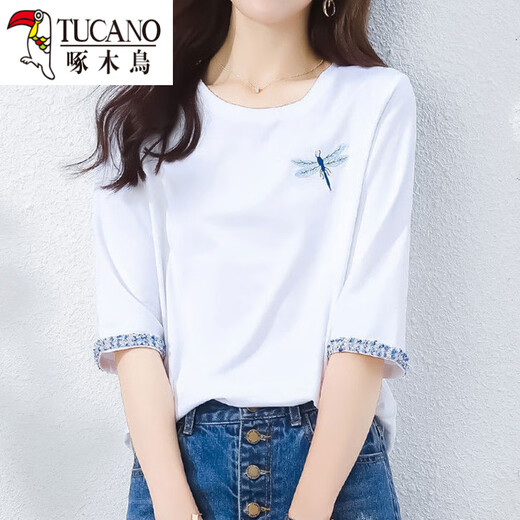 Woodpecker pure cotton temperament age-reducing seven-quarter sleeve T-shirt for women's mid-sleeved loose white T-shirt Spring and Autumn Summer 2025 new top W6172 ice blue mid-sleeved M (recommended 80-105Jin [Jin equals 0.5 kg])