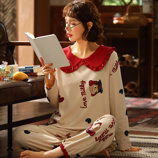 
Urban beauty pajamas women's spring and autumn pure cotton long sleeve cute Korean sweet suit summer autumn winter princess style casual home clothes green apricot color GXT9923 picture color M (recommended 75-95Jin [Jin equals 0.5 kg])