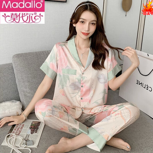 Modal Internet Celebrity Sommerpyjama für Frauen Eis Seide Pfingstrose Blume kurzärmelige Hose Sommerdünn zu Hause Kleidung für Outdoor-Verschleiß Set 694 Tintenmalerei Kurzärärmelhosen m