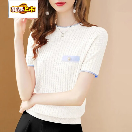 Erstdurchmesser (Chujing) Ice Seide Kurzärärmelte T-Shirt-Pullover für die Sommerkleidung für Frauen neue runde Nacken-Schlampe Pullover Pink XS [70jin [Jin gleich 0,5 kg]]