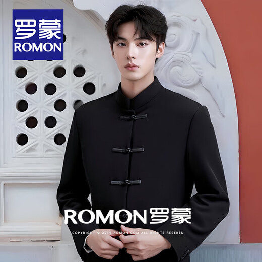 罗蒙（ROMON）新中式盘扣国风西服套装男结婚礼服敬酒服唐装新郎伴郎订婚中山装 黑色【西服+裤子】 XL (161斤-180斤)