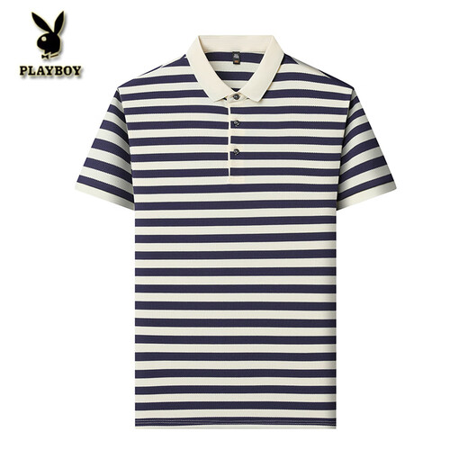 花花公子;PLAYBOY短袖T恤男2025新款条纹翻领休闲半袖夏季宽松薄款男士短袖polo衫 L9906   绿色 M 165 建议90-120斤