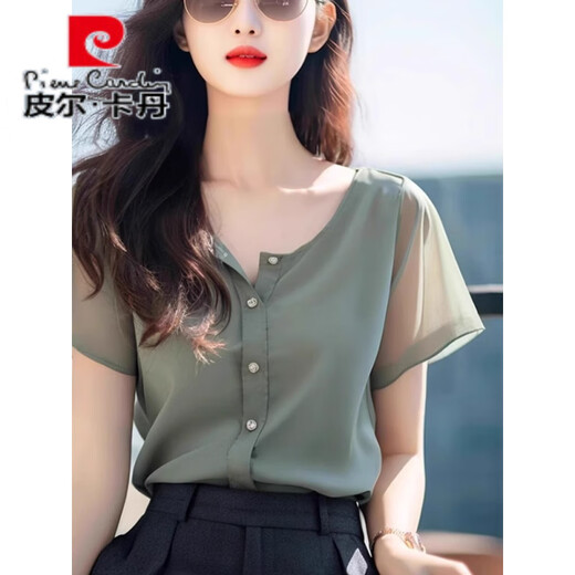 皮尔 卡丹2025夏季今年流行漂亮小衫遮肚子独特别致军绿色雪纺衬衫上衣女士 6196-军绿色 S 【建议80-95斤】