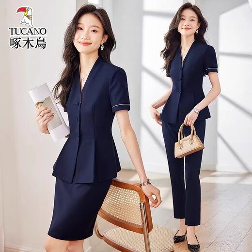 Woodpecker professional suit for women beauty salon front desk work clothes feel temperament commuting fashionable small suit jacket 5501 navy blue short-sleeved suit S [suitable for 75-90Jin [Jin equals 0.5 kg] wear]