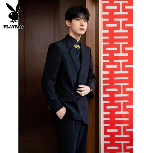 Playboy (PLAYBOY) Chinese tunic suit new Chinese style engagement wedding groom suit suit men's suit stand collar plate button black three-piece suit jacket + 152 black shirt + 2XL