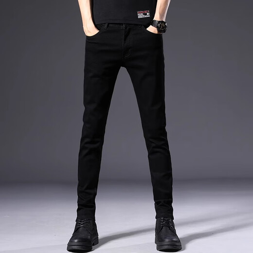Romon Hong Kong high-end non-disappearing black jeans men's 2025 summer thin slim fit small feet elastic casual long trousers 1048 light blue (summer thin) size 28