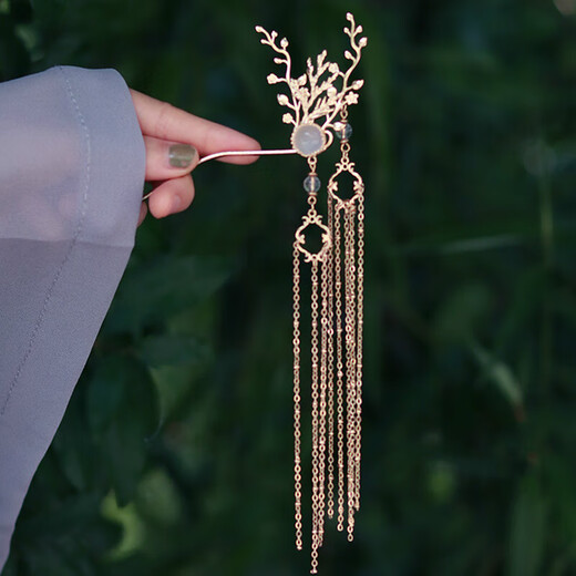 Bang silk headdress, ancient style Hanfu headdress, fairy girl's tassel hairpin, full set of ancient costume step rocker comb side clip set for women, drunk gold hairpin hair accessory set-ear clip and ear hook style