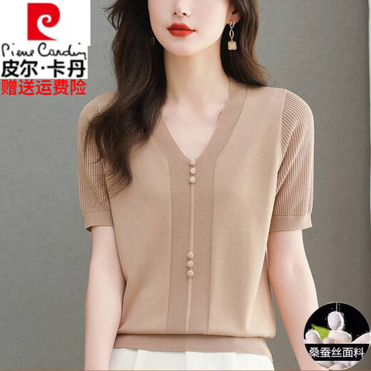 皮尔卡丹高档桑蚕丝短袖t恤女2025新款夏季妈妈真丝短袖V领遮肚上衣女薄款 米色【9195款】 2XL 【建议130-140斤穿】
