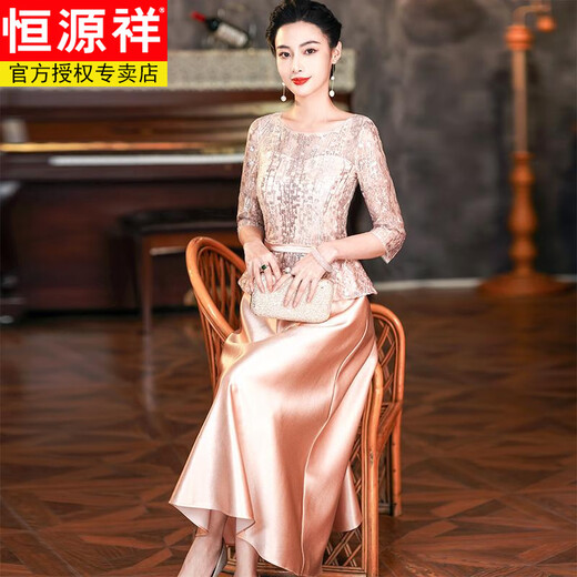 Hengyuanxiang champagne color happy mother-in-law wedding banquet dress 2025 new women's wedding May Day noble young mother high-end dress champagne color 7-quarter sleeves XL