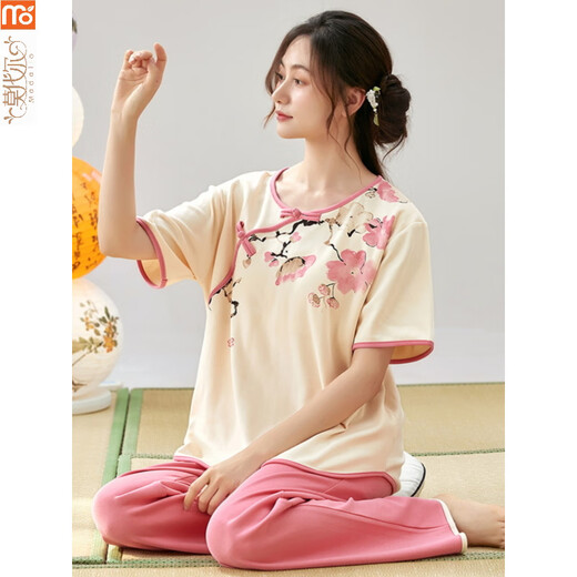 Modal pajamas for women in summer 2025 new short-sleeved suit thin imitation cotton trousers new Chinese style can be worn outside home LZY9905 M (recommended 75-95Jin [Jin equals 0.5 kg])