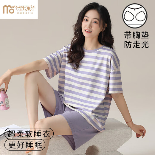 Yalu Breast Pad Integrierte Pyjamas für Frauen für sommer gestreifte Shorts-Shorts Anzug für Mädchen im Schlafsaalkleidung für Sommermodalanzug [mit Brustpolster] W12611 M Frauen empfohlen 80-100jin [Jin gleich 0,5 kg]