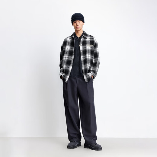 JACK&JONES 25th Autumn and Winter Woolen Jacket Men's Short Casual Jacket Loose Wool Letter Plaid Jacket Men's S03 Black Regular Slightly Loose, Card Size Small M (175)