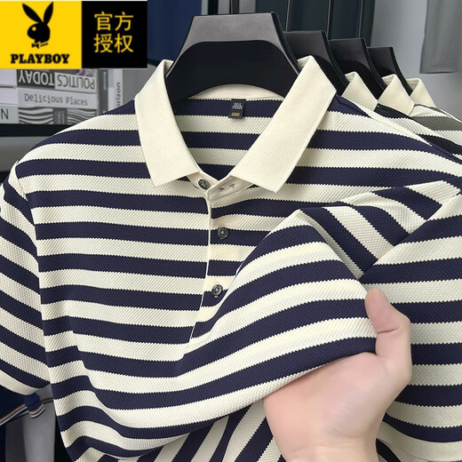 花花公子（PLAYBOY）夏季纯棉短袖t恤男士翻领上衣中年爸爸装休闲半袖polo条纹顺滑 9906-绿色 M 165建议90-120斤