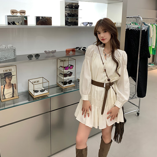 Lugeli French Dress Новое белое V-образное ретро-ретро-плиссированное высококачественное похудение и сладкое платье Fairy White + Belt M [Рекомендуется 90-110JIN [JIN равно 0,5 кг]]]