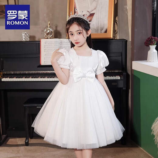 罗蒙毕业演出主持人礼服女童毕业白色公主裙生日花童钢琴 白色130