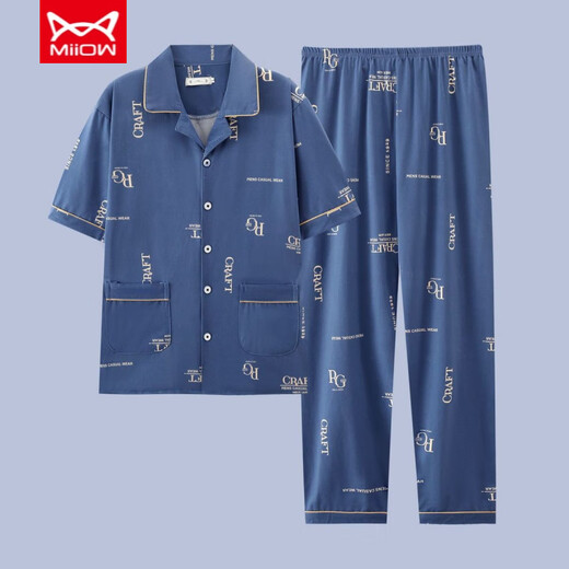 Catman (Miiow) Herren-Pyjamas Sommer reines Baumwoll-Kurzärmel-Hosen Frühling dünne Strickjäe Teenager Großgröße Lose Home Clothing Set G3881 Blau (kurzärmelig) l [Empfohlen 100-120 Jin [Jin gleich 0,5 kg]]