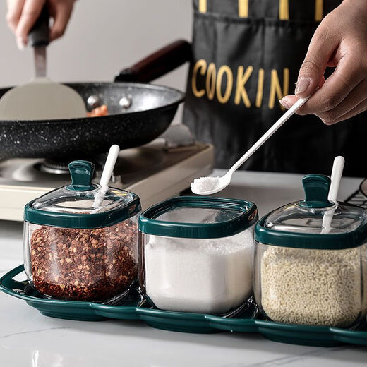 Taixige salt, MSG, seasoning box combination set, seasoning jar, seasoning bottle, seasoning bottle, kitchen supplies, household oil pot, emerald, two packs, free spoon
