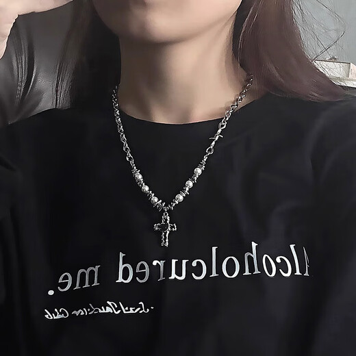 Love Flame Cross Pearl Necklace Titanium Steel Sweater Chain Unisex Punk Style Clavicle Chain with Gift Box Love Cross Titanium Steel Chain with Gift Box Packaging