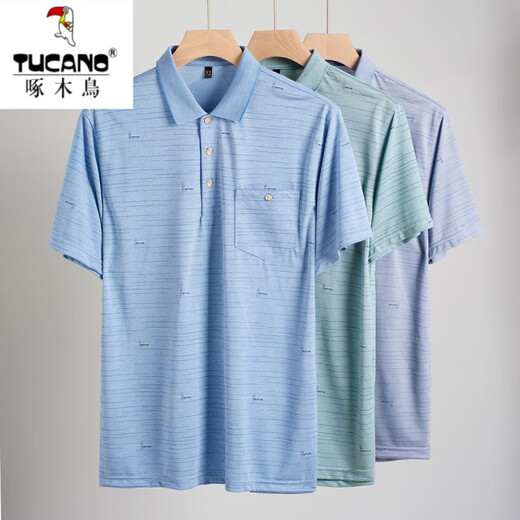 啄木鸟（TUCANO）爸爸装翻领冰丝短袖T恤中年男士休闲体恤中老年薄款POLO衫夏季衣T 冰丝-9855 灰色 真口袋 M 48/165