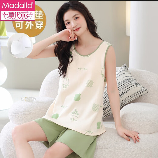 莫代尔带胸垫一体背心睡衣女夏舒适棉无袖大码家居服女生薄款可外穿套装 背心套装【带胸垫】F9855 XL 女 建议120-130斤
