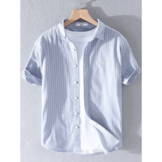 KAZUKI KURAISHI KURAISHI KAZUKI Casual Business Stripe Short Sleeve Shirt Men's Summer New Slim White Thin Fresh Shirt White XL 135-145Jin[Jin equals 0.5 kg]