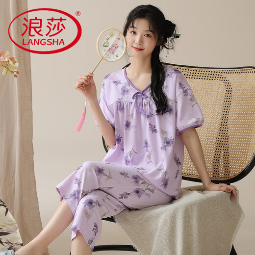 Langsha Summer Summer Manga corta Pajama Juego de mujeres delgadas de verano Nuevos pantalones cortados al estilo chino puede ser ropa para el hogar al aire libre YZT-9902 (manga corta + pantalones recortados) M Mujeres [80-100Jin [Jin iguala 0.5 kg]]
