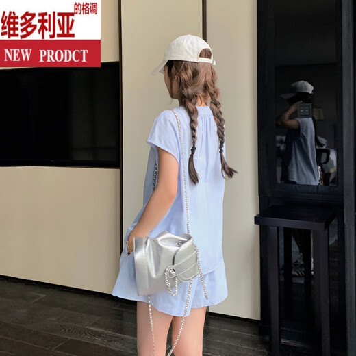 维多利亚的格调蓝色棉麻套装裙女夏小个子巨好看时尚洋气时髦短袖短裤休闲两件套 蓝色 两件套 设计师原版 S (建议105斤以下)