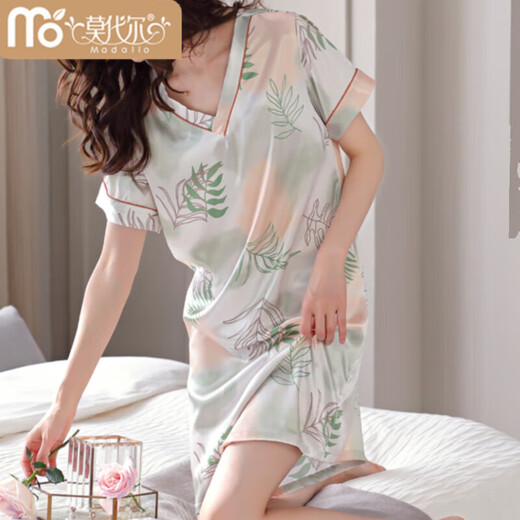 
Modal 2025 new nightgown for women summer ice silk short-sleeved mid-skirt pajama thin summer women imitation silk summer dress Mint blue M9928 [short sleeves/breastless pad] M 160